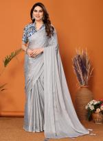 Polyster Grey Party Wear Printed Saree